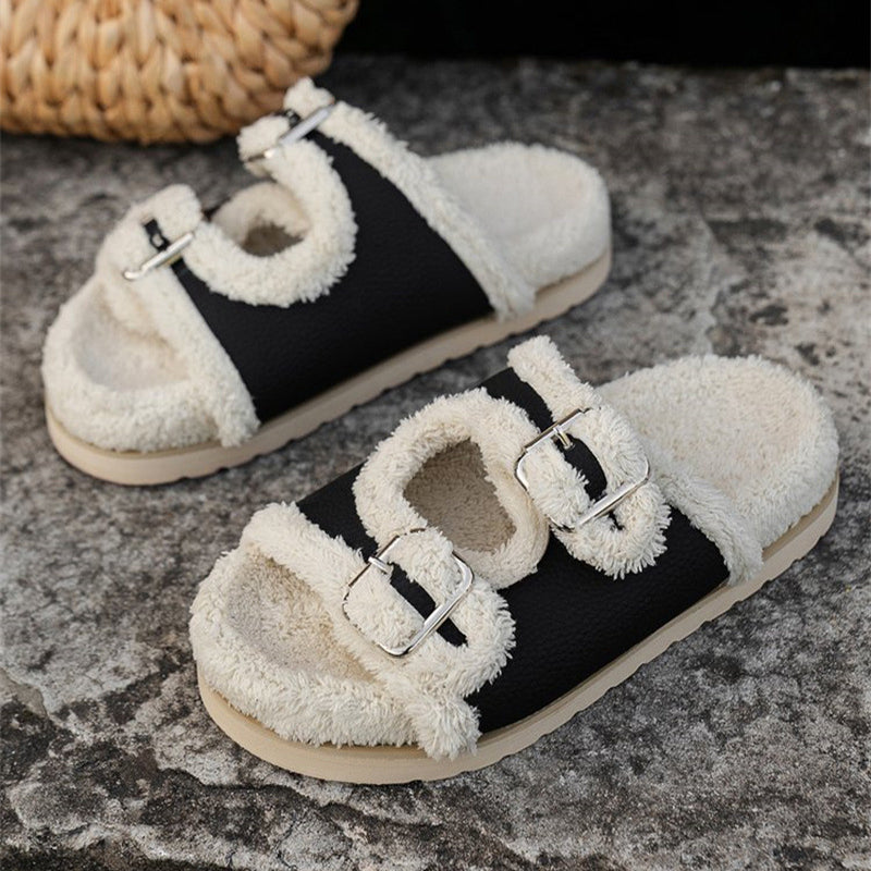 Double Buckle Fur Slippers