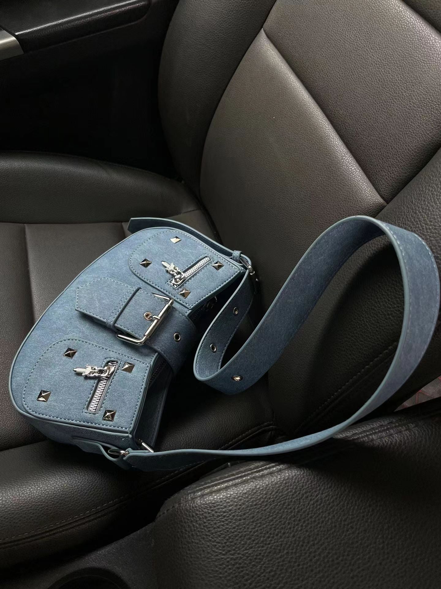 Denim Blue Punk Studded Shoulder Bag