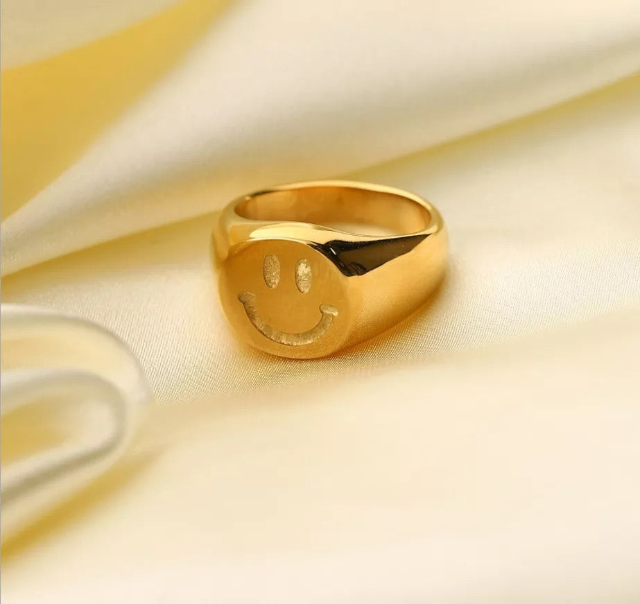Gold Stainless Steel Smiley Face Ring