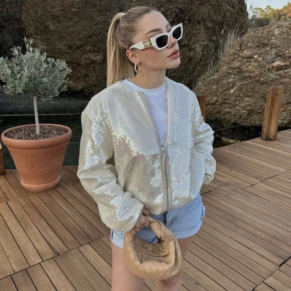 Women's Crew Neck Sequined Jacket