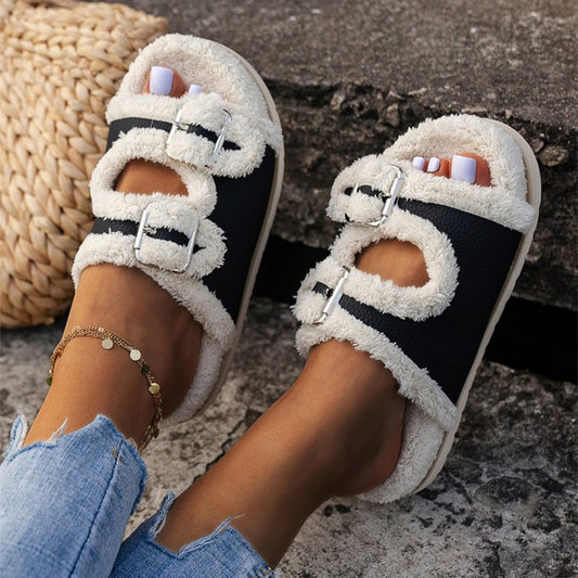 Double Buckle Fur Slippers