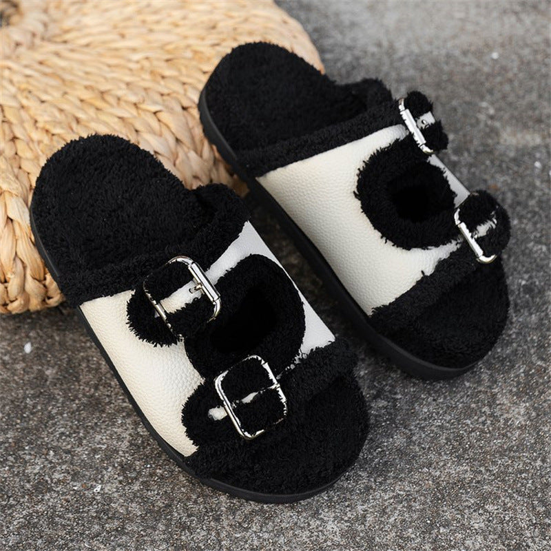 Double Buckle Fur Slippers