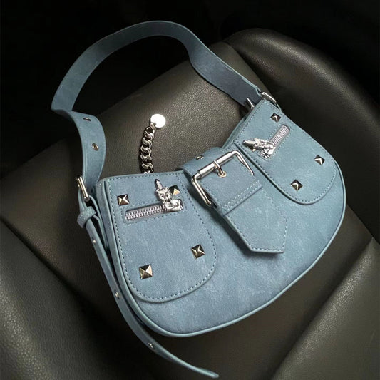 Denim Blue Punk Studded Shoulder Bag