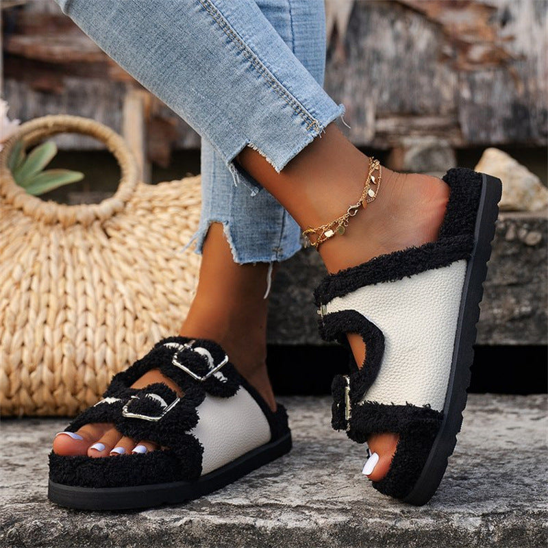 Double Buckle Fur Slippers