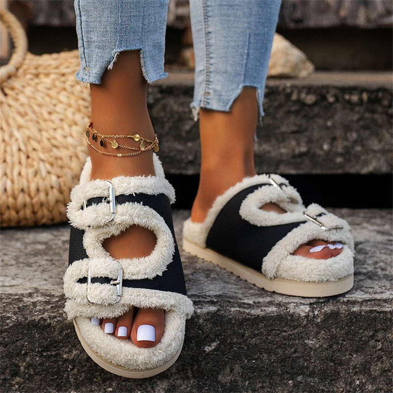 Double Buckle Fur Slippers