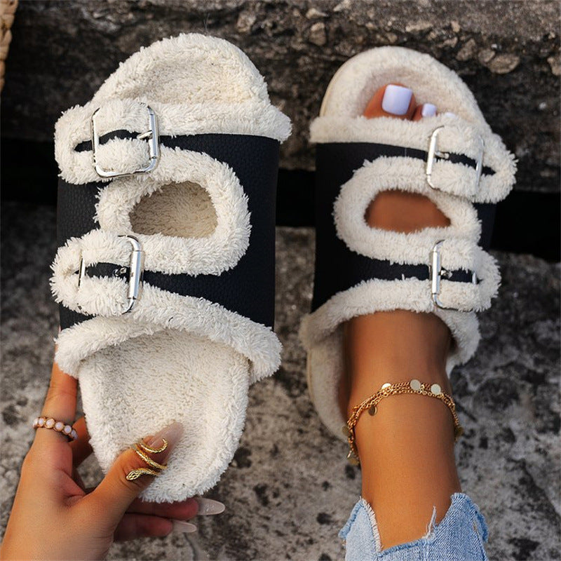 Double Buckle Fur Slippers