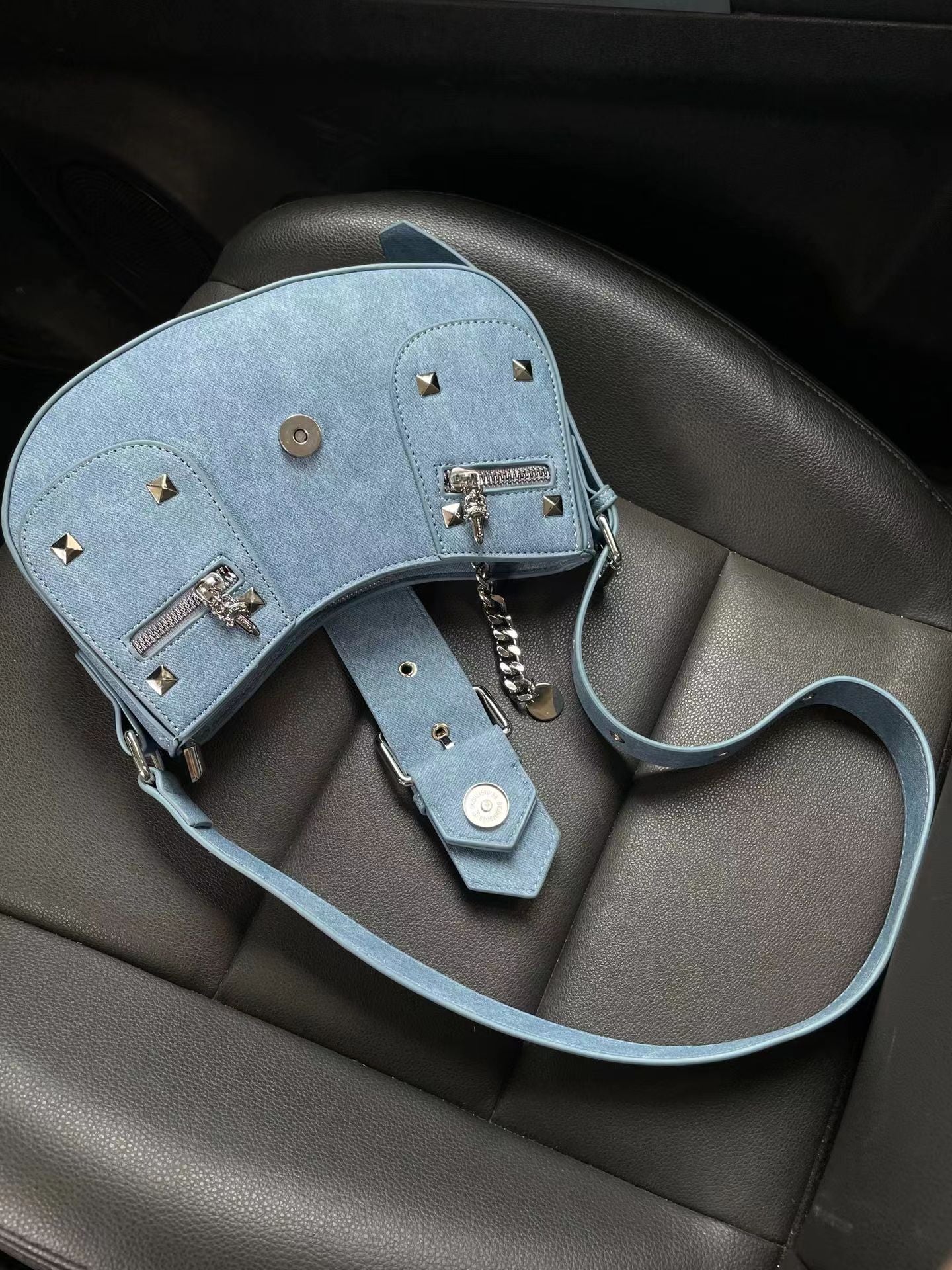 Denim Blue Punk Studded Shoulder Bag