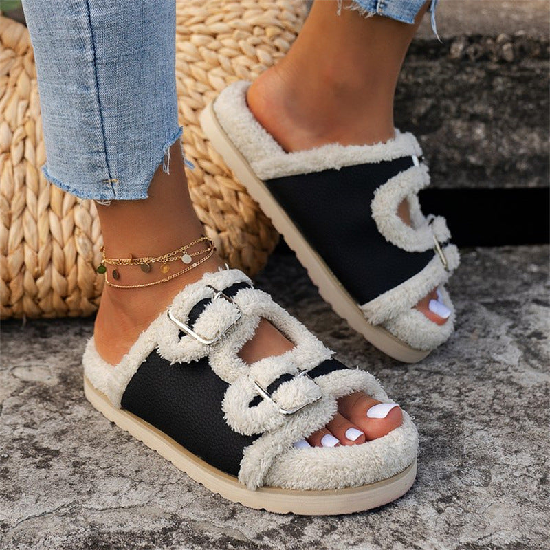 Double Buckle Fur Slippers