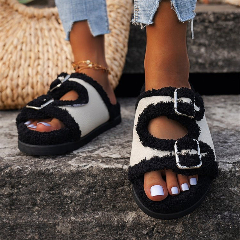 Double Buckle Fur Slippers