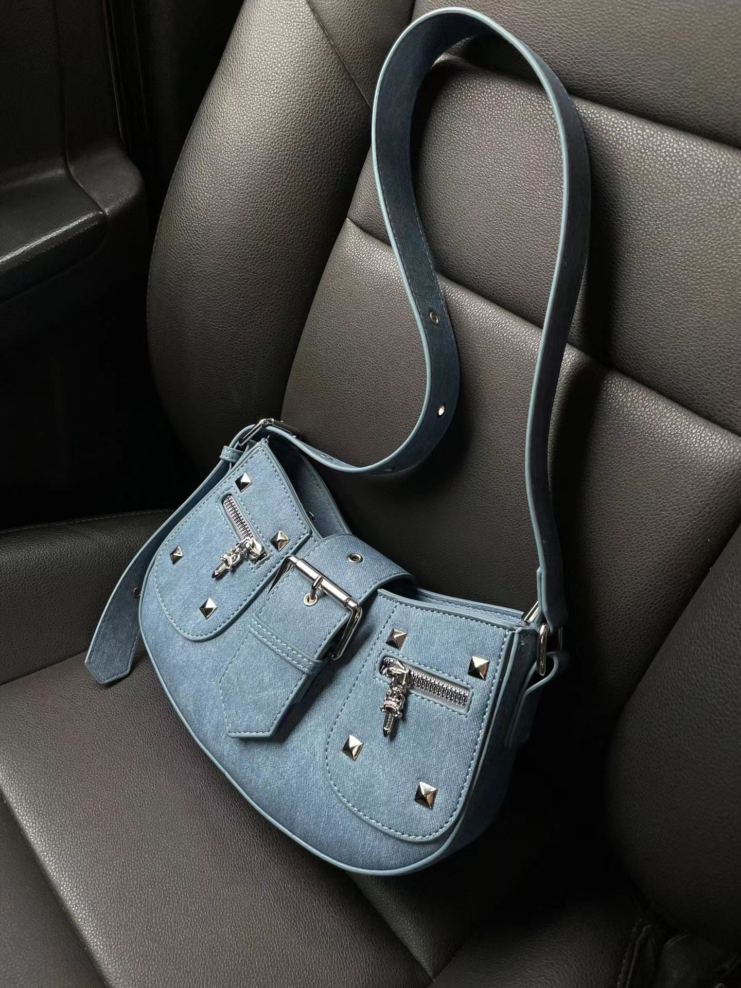Denim Blue Punk Studded Shoulder Bag