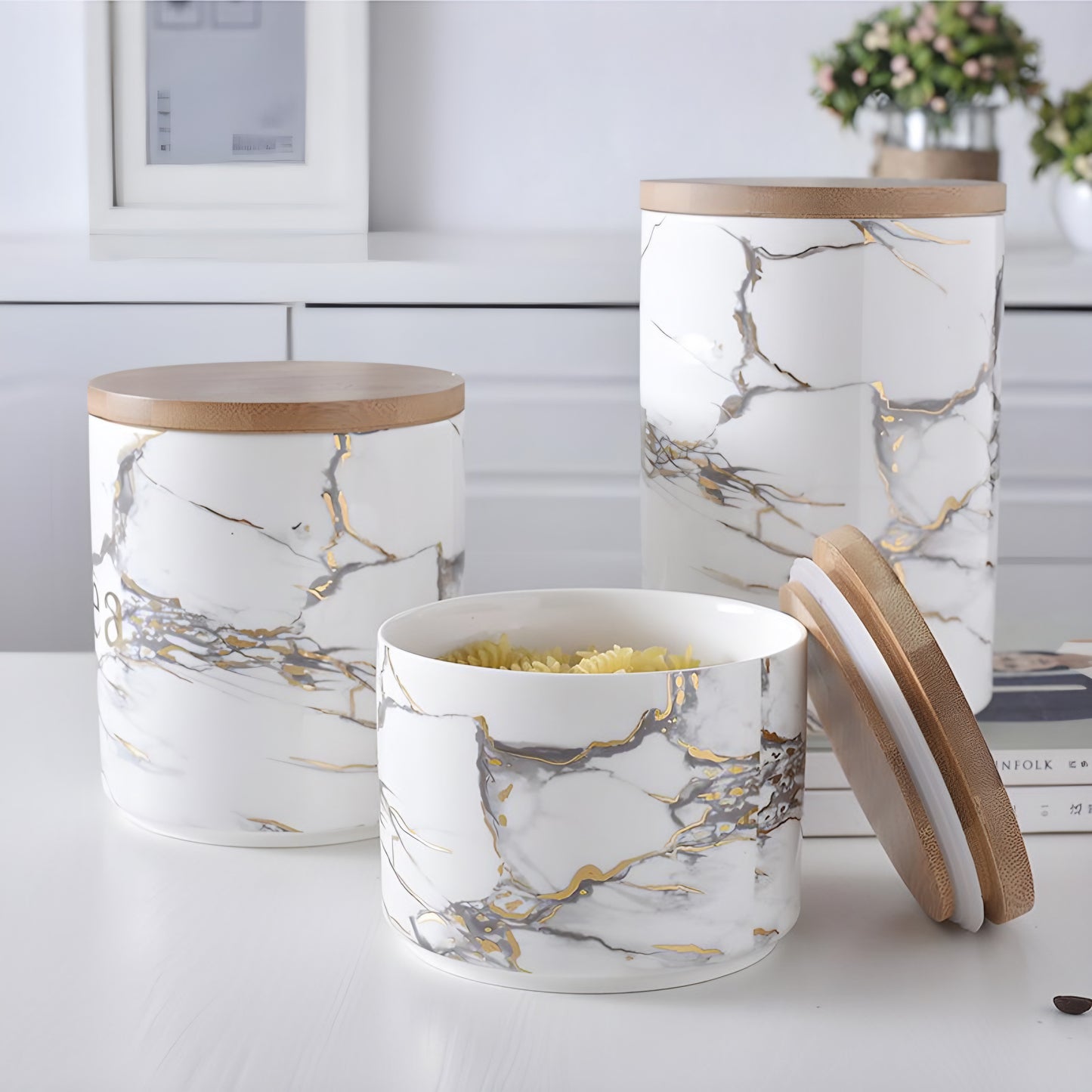 Marbled Ceramic Wooden Jar