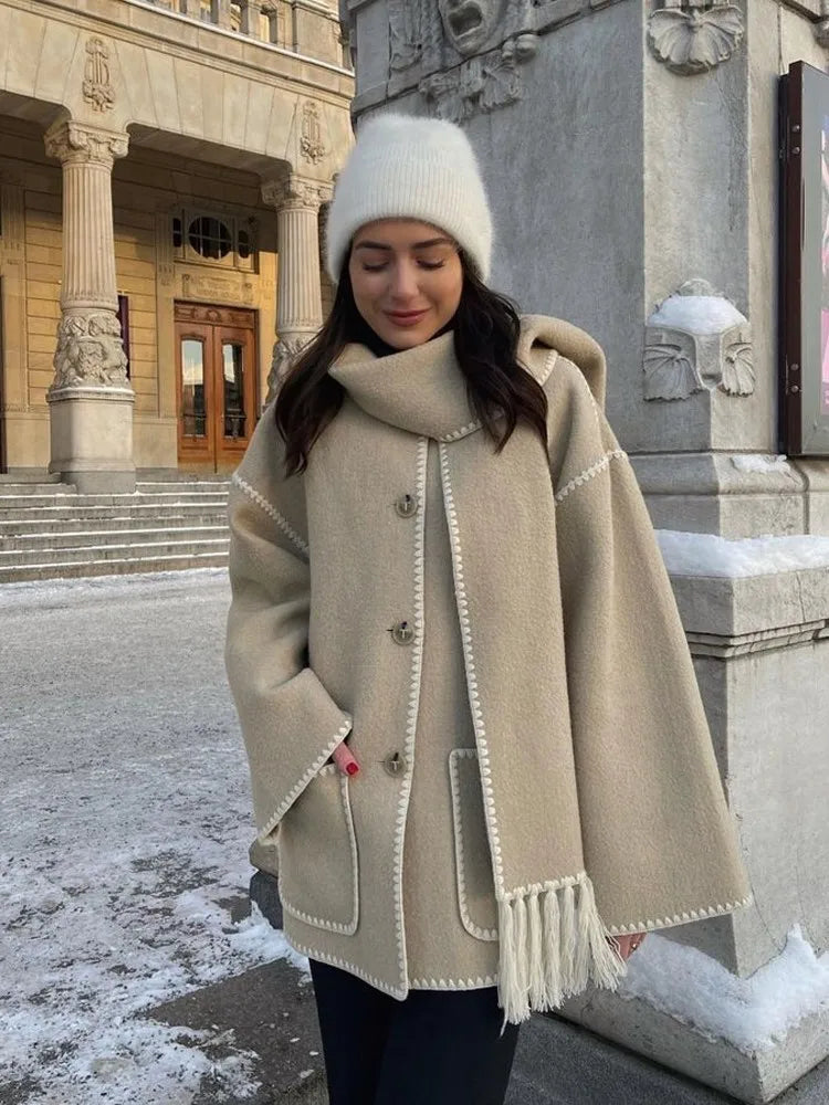 Faux Cashmere Overcoat With Scarf