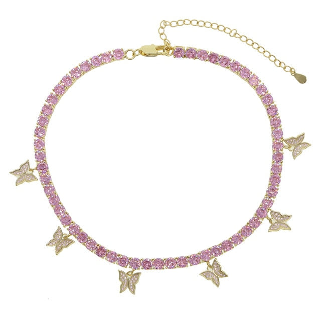 Pink Butterfly Tennis Necklace Choker