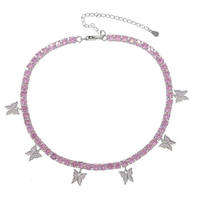 Pink Butterfly Tennis Necklace Choker