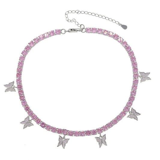 Pink Butterfly Tennis Necklace Choker